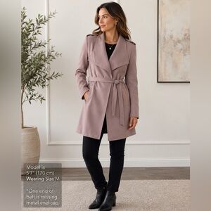 Mackage Wool Trench Coat Women M Mauve Pink Lambskin Leather Belted Wrap Jacket
